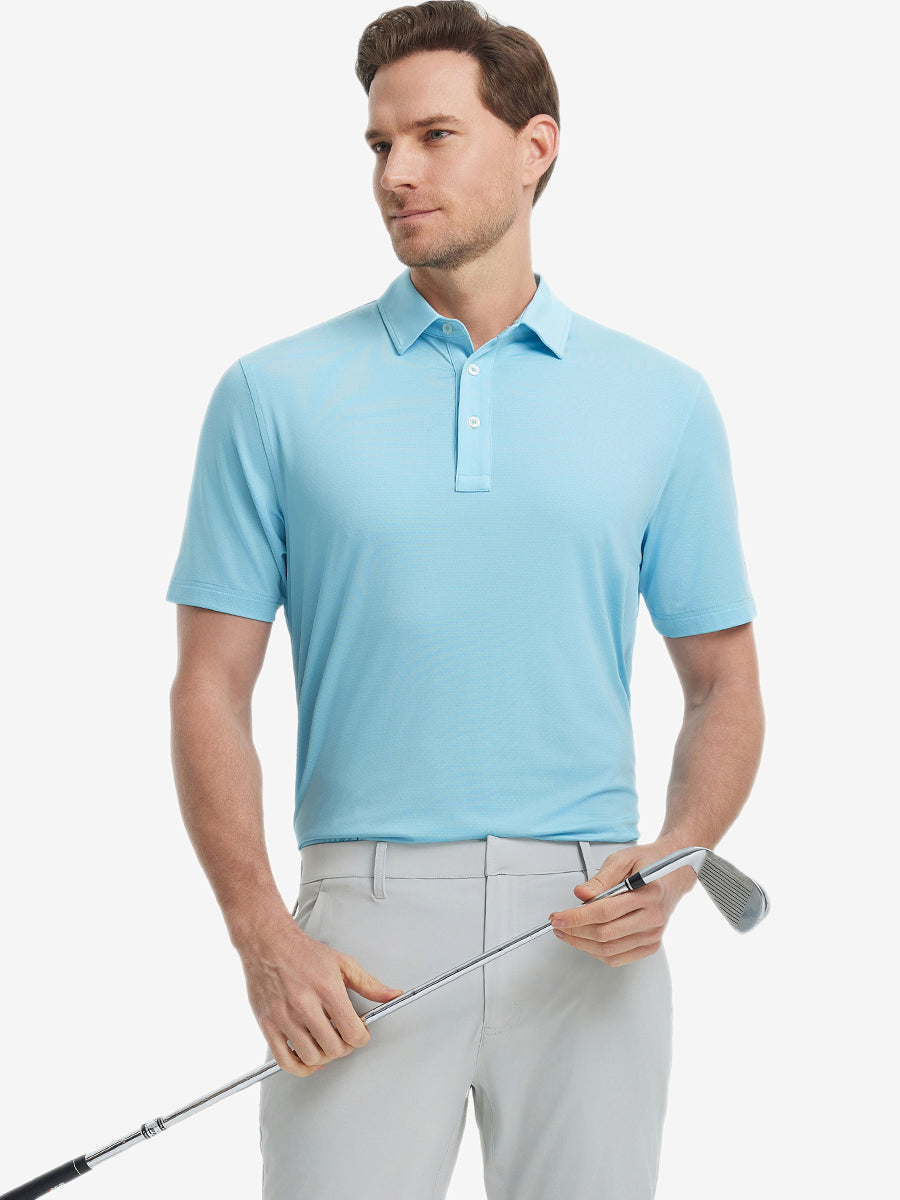 Model in LIGHT BLUE Jacquard Polo posing with golf club — active and athletic on the front view
