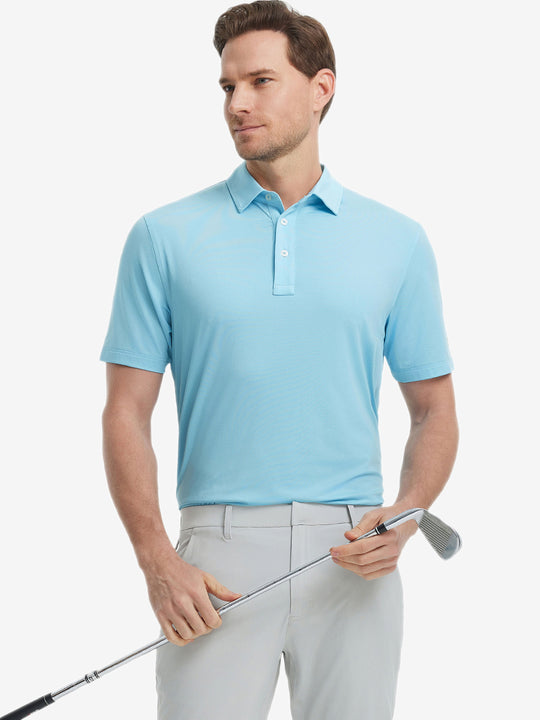 Model in LIGHT BLUE Jacquard Polo posing with golf club — active and athletic on the front view