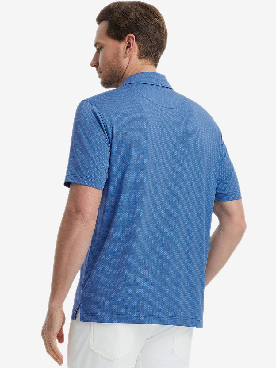 Back view from waist up showing the fit of BLUE 4 Way Stretch Jacquard Polo on model
