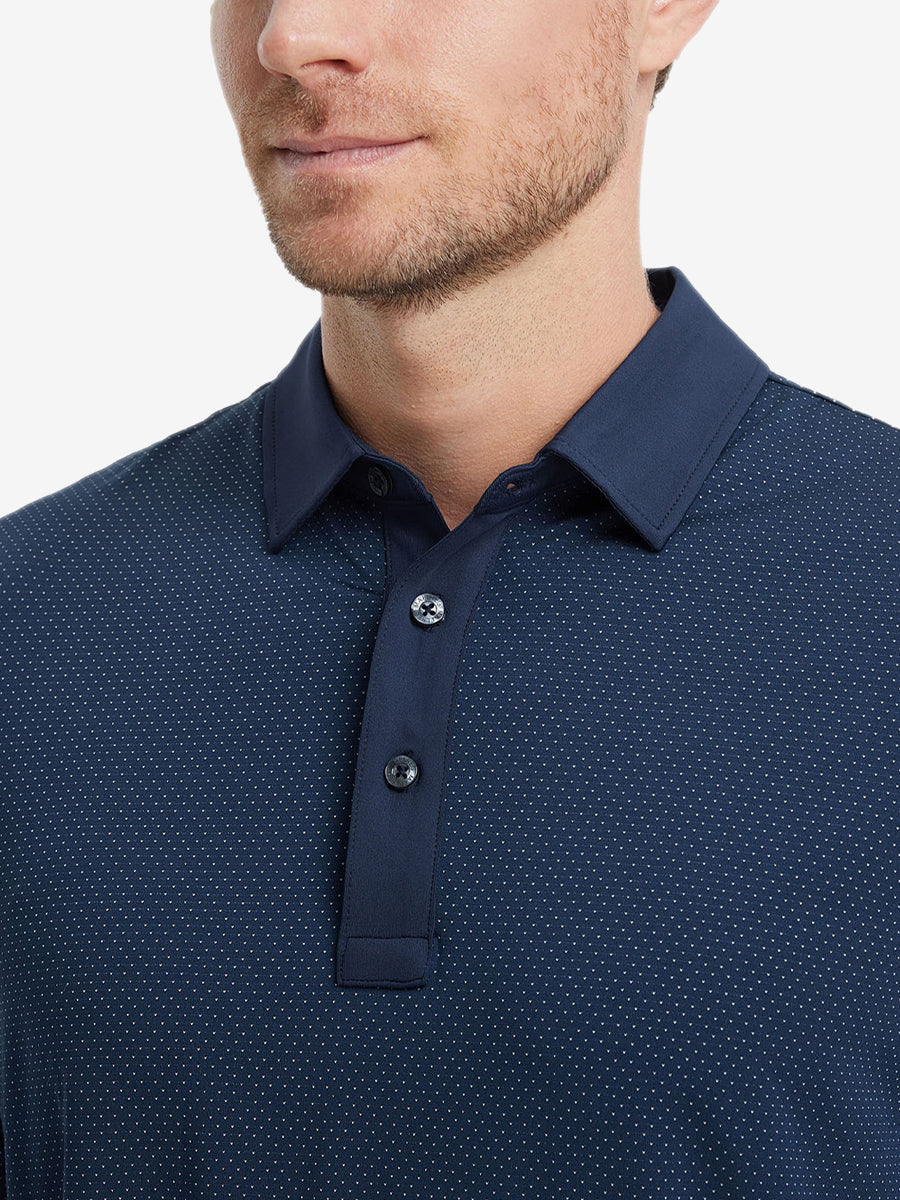 Close-up front shot from nose to chest of model wearing NAVY 4 Way Stretch Jacquard Polo