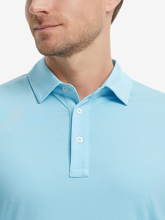 Close-up front shot from nose to chest of model wearing LIGHT BLUE 4 Way Stretch Jacquard Polo