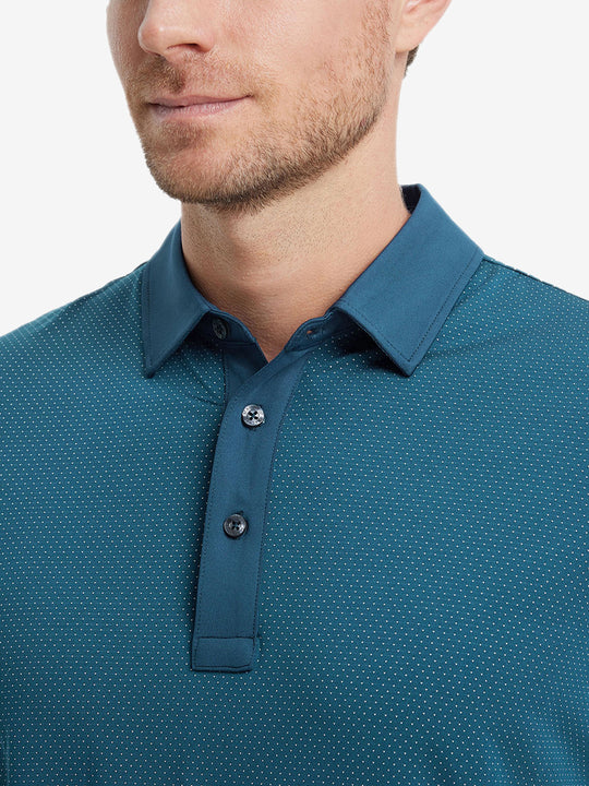Close-up front shot from nose to chest of model wearing LYONS BLUE 4 Way Stretch Jacquard Polo