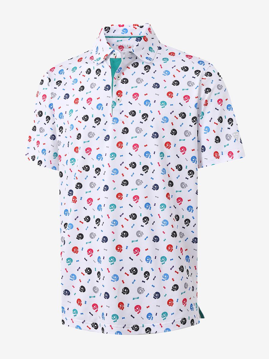 3D view of MAELREG Performance Jersey Print Polo in White Skull – breathable golf fabric