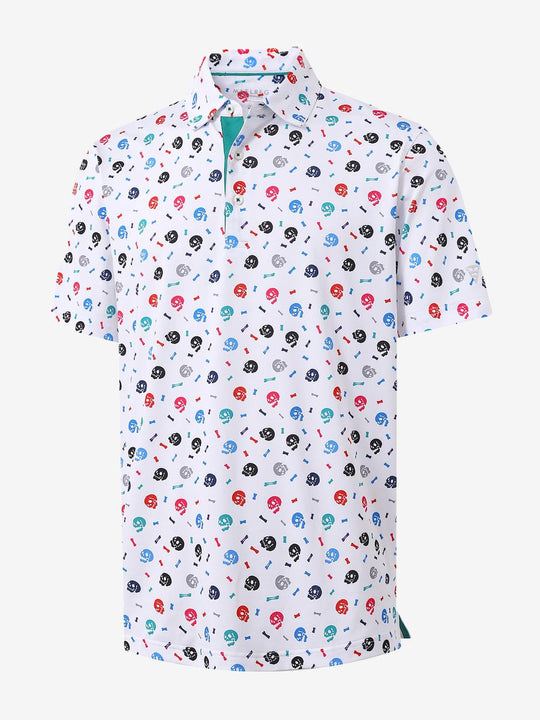 3D view of MAELREG Performance Jersey Print Polo in White Skull – breathable golf fabric
