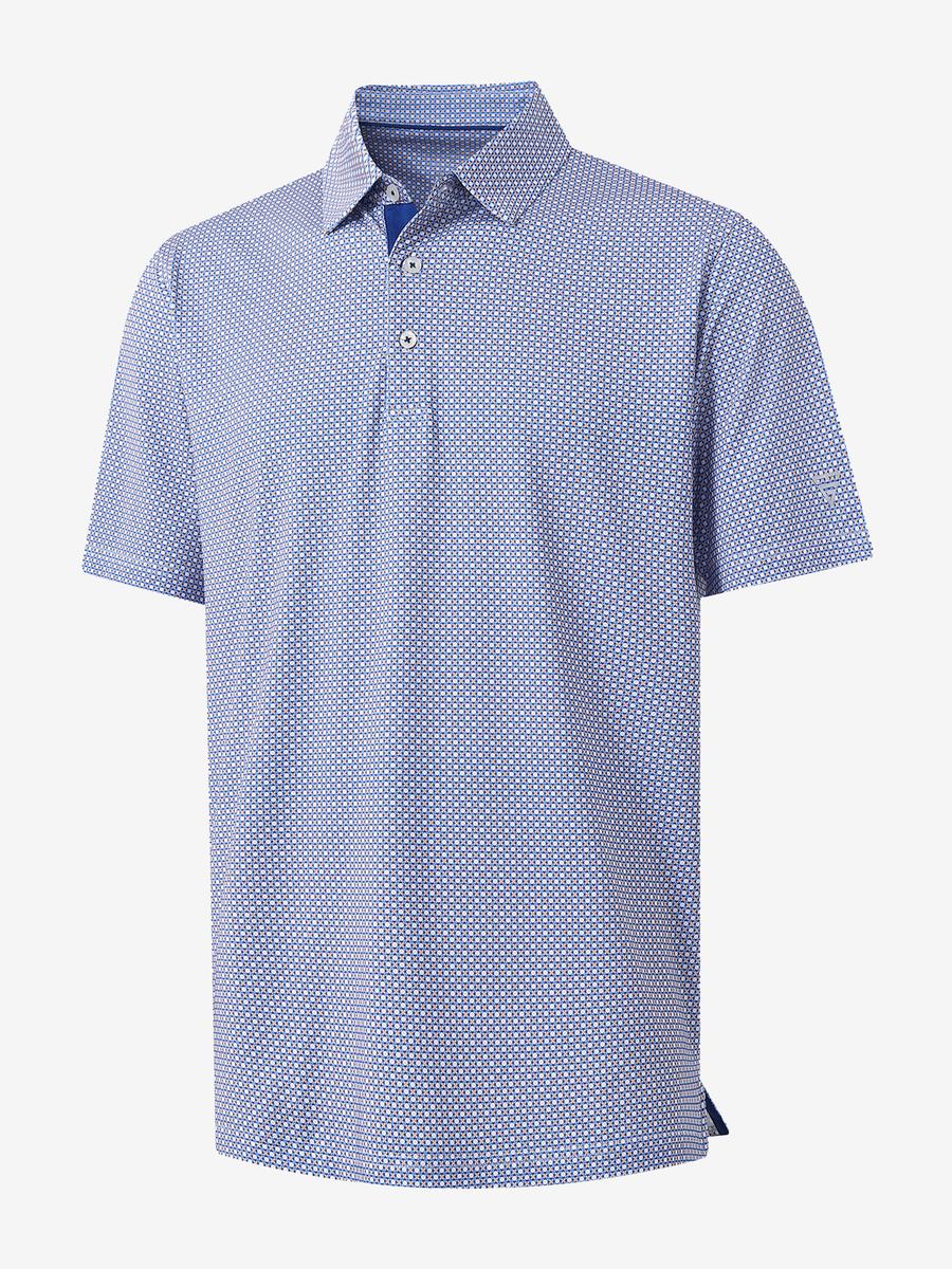 3D view of MAELREG Performance Jersey Print Polo in White Blue Circle – breathable golf fabric