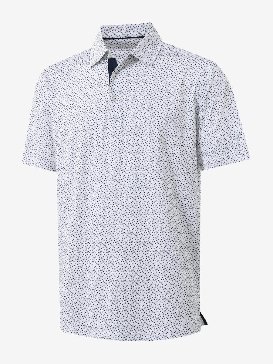 3D view of MAELREG Performance Jersey Print Polo in White Navy Swallow – breathable golf fabric