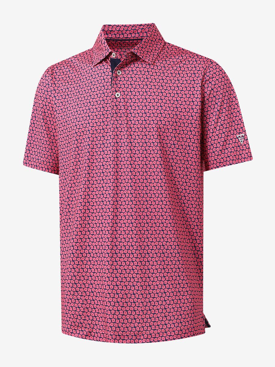 3D view of MAELREG Performance Jersey Print Polo in Rose Flower – breathable golf fabric