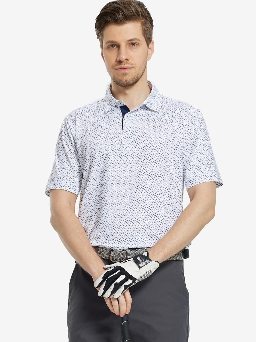 MAELREG Men's Performance Jersey Print Polo in White Navy Swallow – front half-body with golf pose
