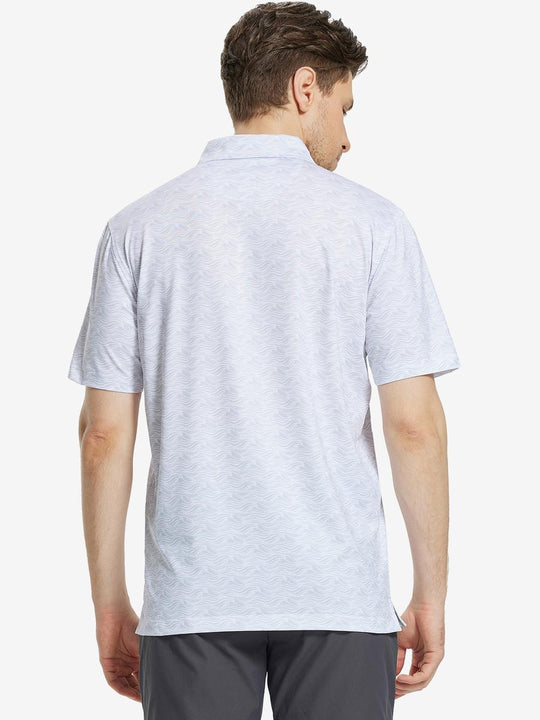 Back view of MAELREG Men's Performance Jersey Print Polo in White Grey Sea Wave – athletic fit