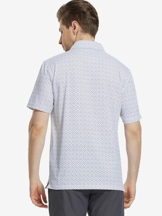 Back view of MAELREG Men's Performance Jersey Print Polo in White Navy Swallow – athletic fit