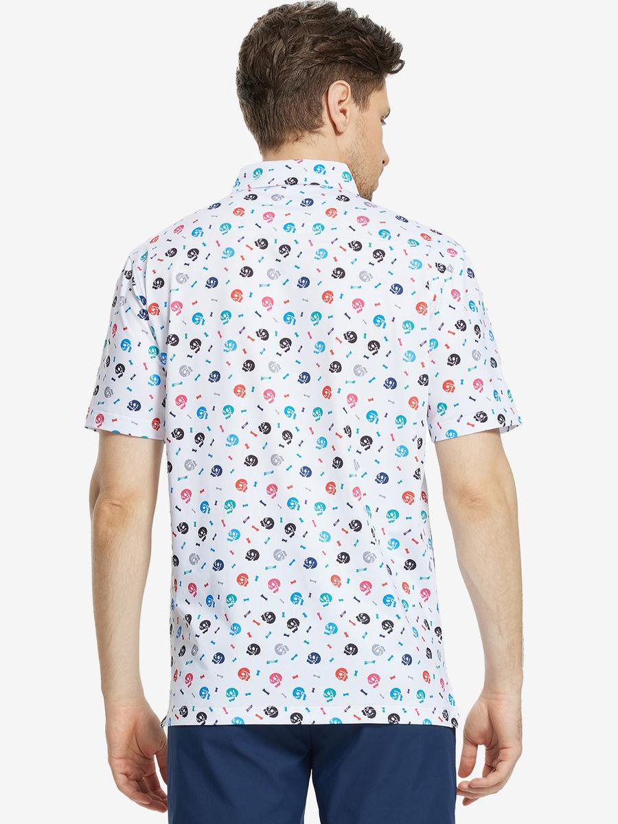 Back view of MAELREG Men's Performance Jersey Print Polo in White Skull – athletic fit