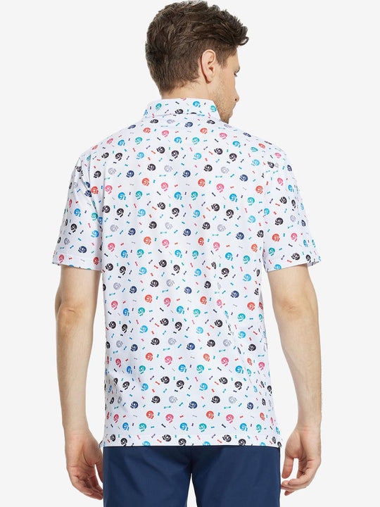 Back view of MAELREG Men's Performance Jersey Print Polo in White Skull – athletic fit