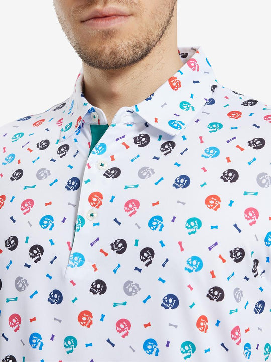 MAELREG Men's Performance Jersey Print Polo – Front chest view in White Skull