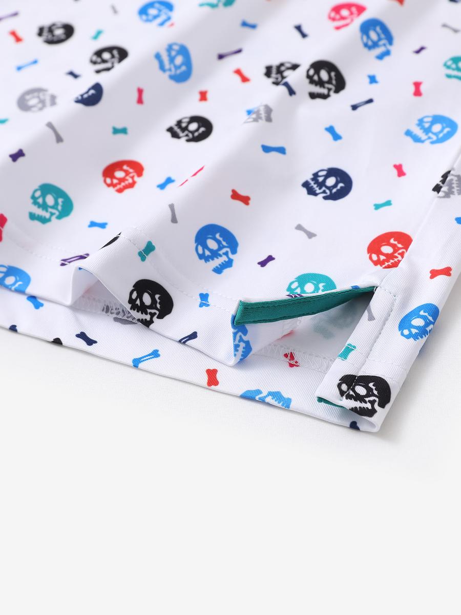 Hem slit detail of MAELREG Performance Jersey Print Polo in White Skull – comfort & movement