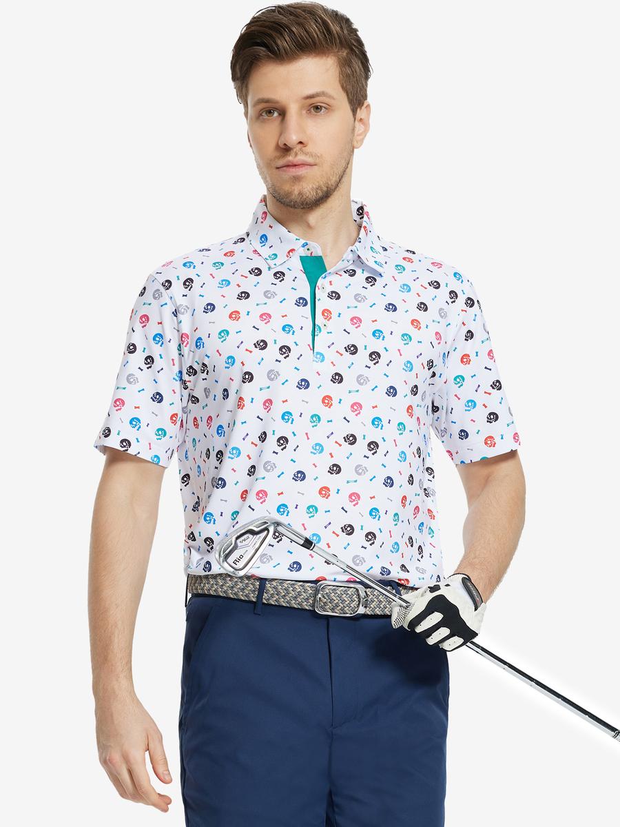 MAELREG Men's Performance Jersey Print Polo in White Skull – front half-body with golf pose