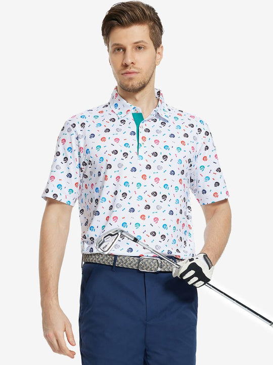 MAELREG Men's Performance Jersey Print Polo in White Skull – front half-body with golf pose