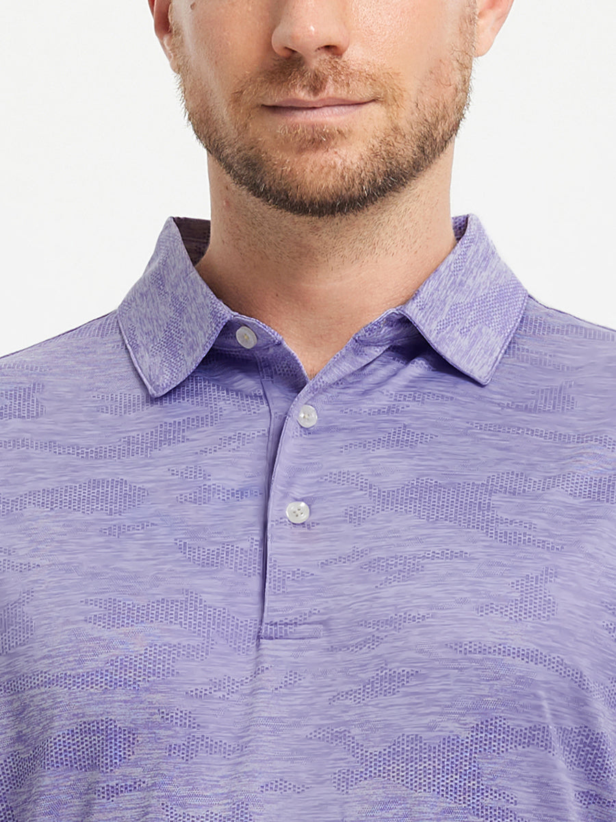 PURPLE HEATHER Camo Heather Jacquard Polo front view from nose to chest of model