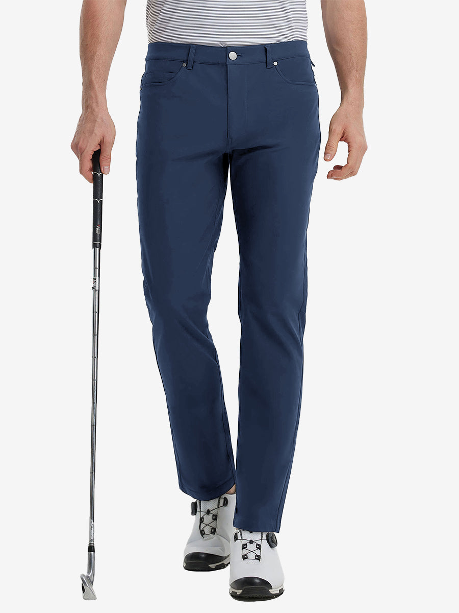 Front view of model wearing Stretch Plain Everyday Pants, athletic fit and minimal look – NAVY