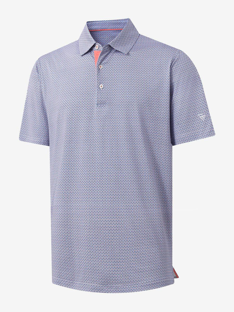 3D view of MAELREG Performance Jersey Print Polo in Blue White Oval – breathable golf fabric