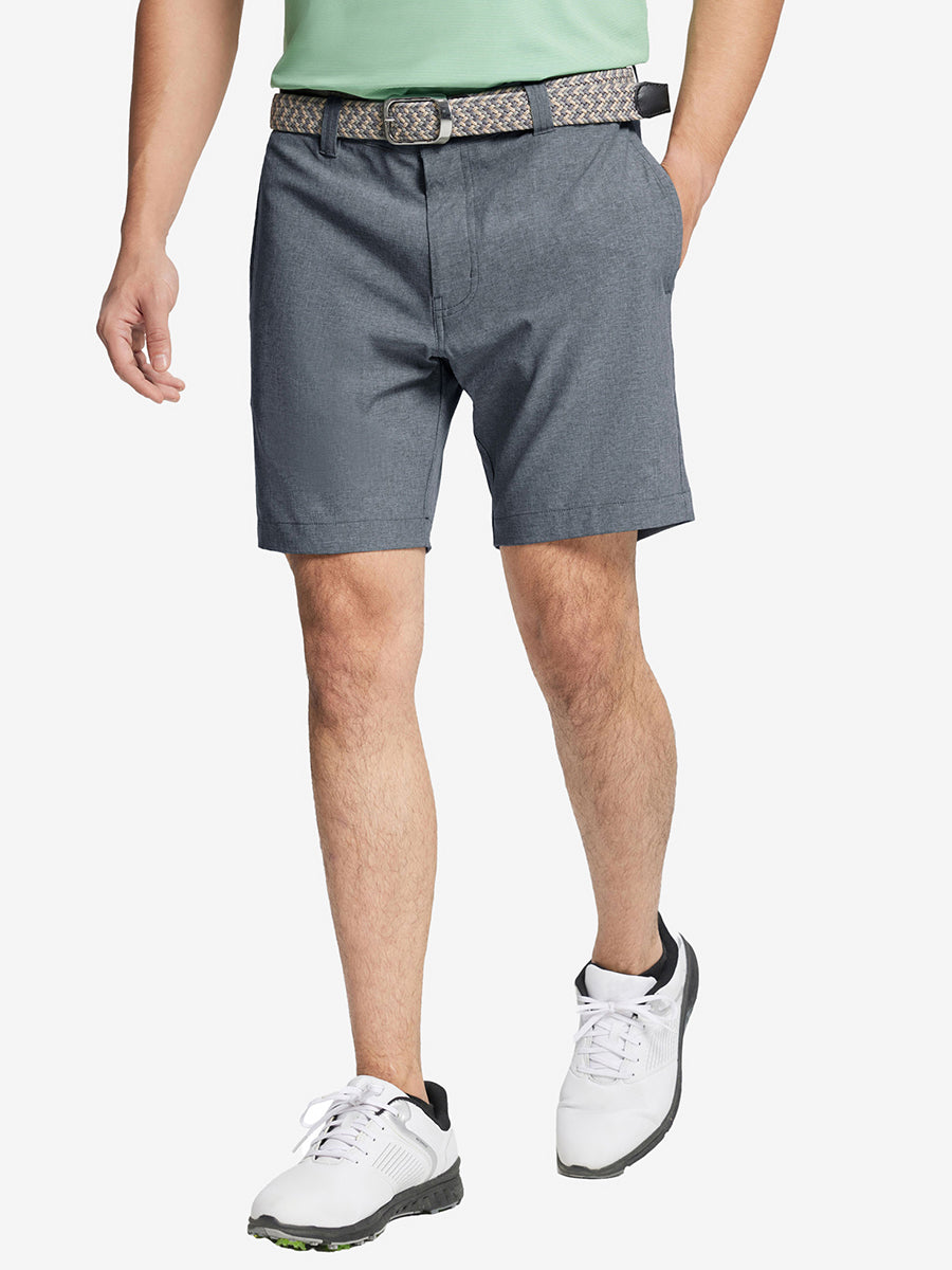 NAVY 7 Inch Heather Performance Golf Shorts with front view, model's lower body and side pockets visible