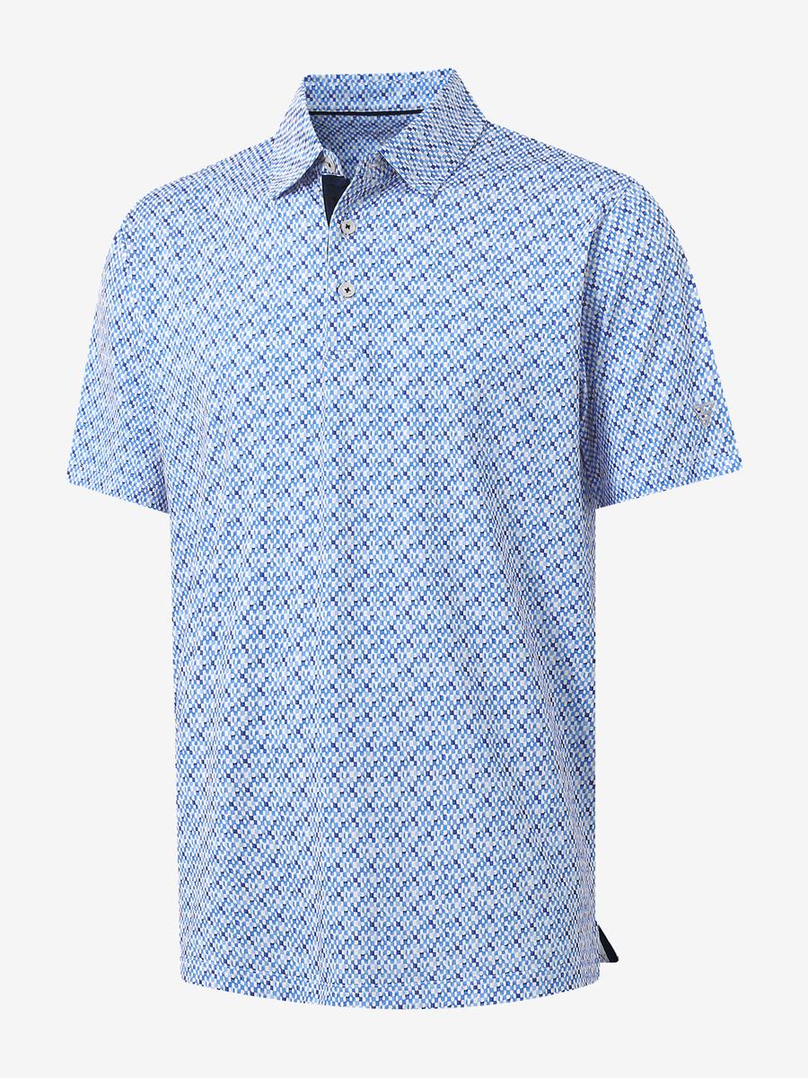 3D view of MAELREG Performance Jersey Print Polo in Gingham Mosaic – breathable golf fabric
