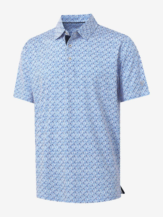 3D view of MAELREG Performance Jersey Print Polo in Gingham Mosaic – breathable golf fabric