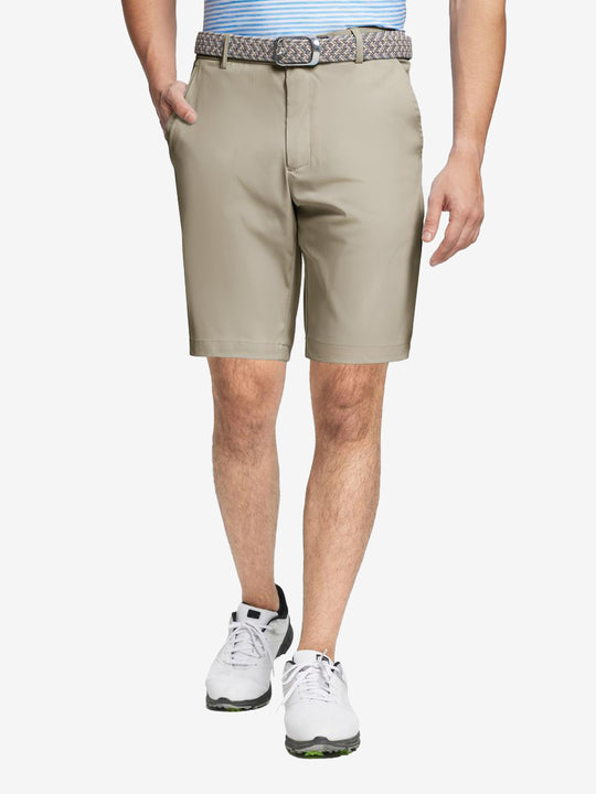 Khaki water resistant golf shorts by MAELREG – model front-facing look