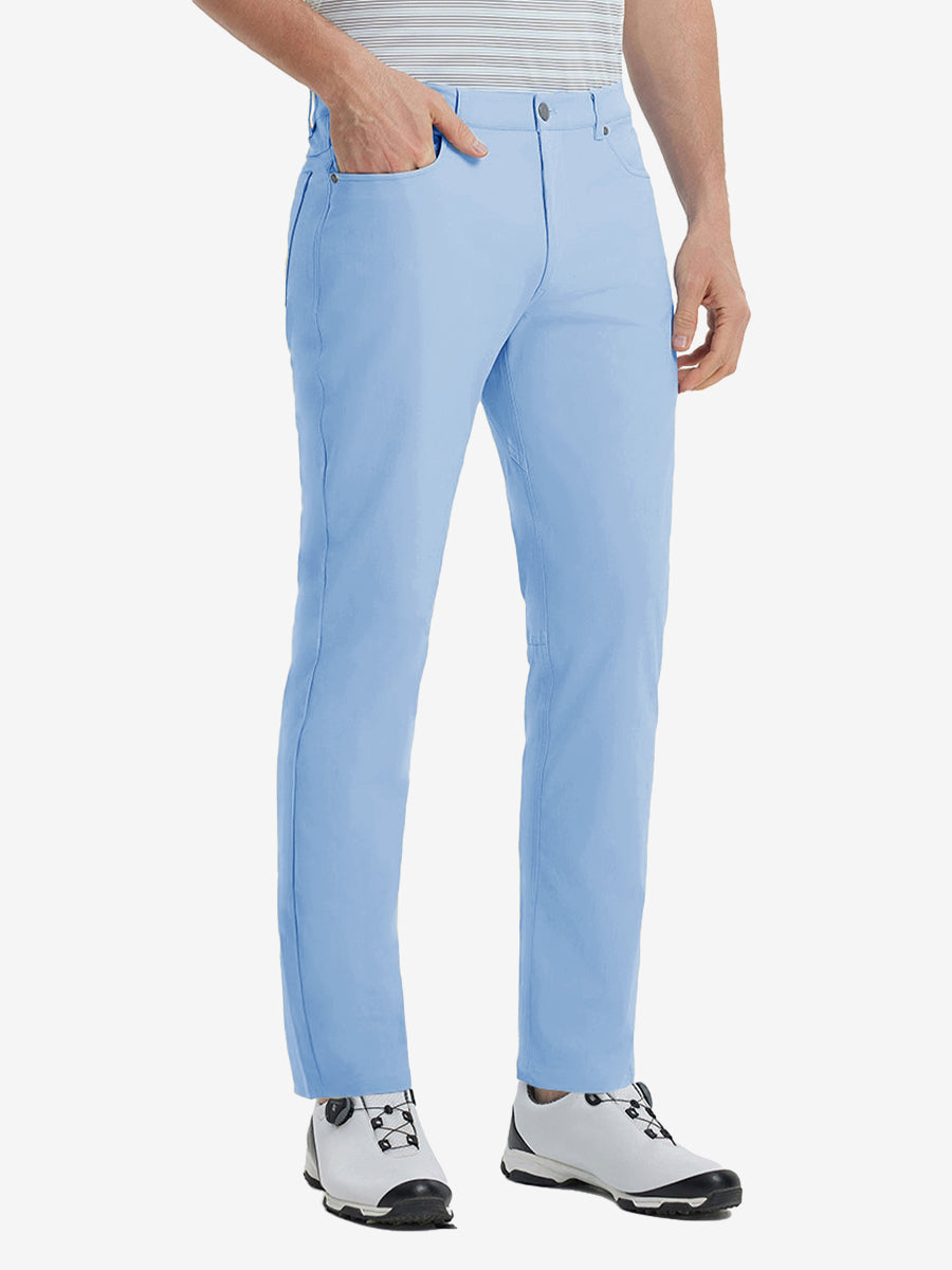Front view of model wearing Stretch Plain Everyday Pants, athletic fit and minimal look – LIGHT BLUE