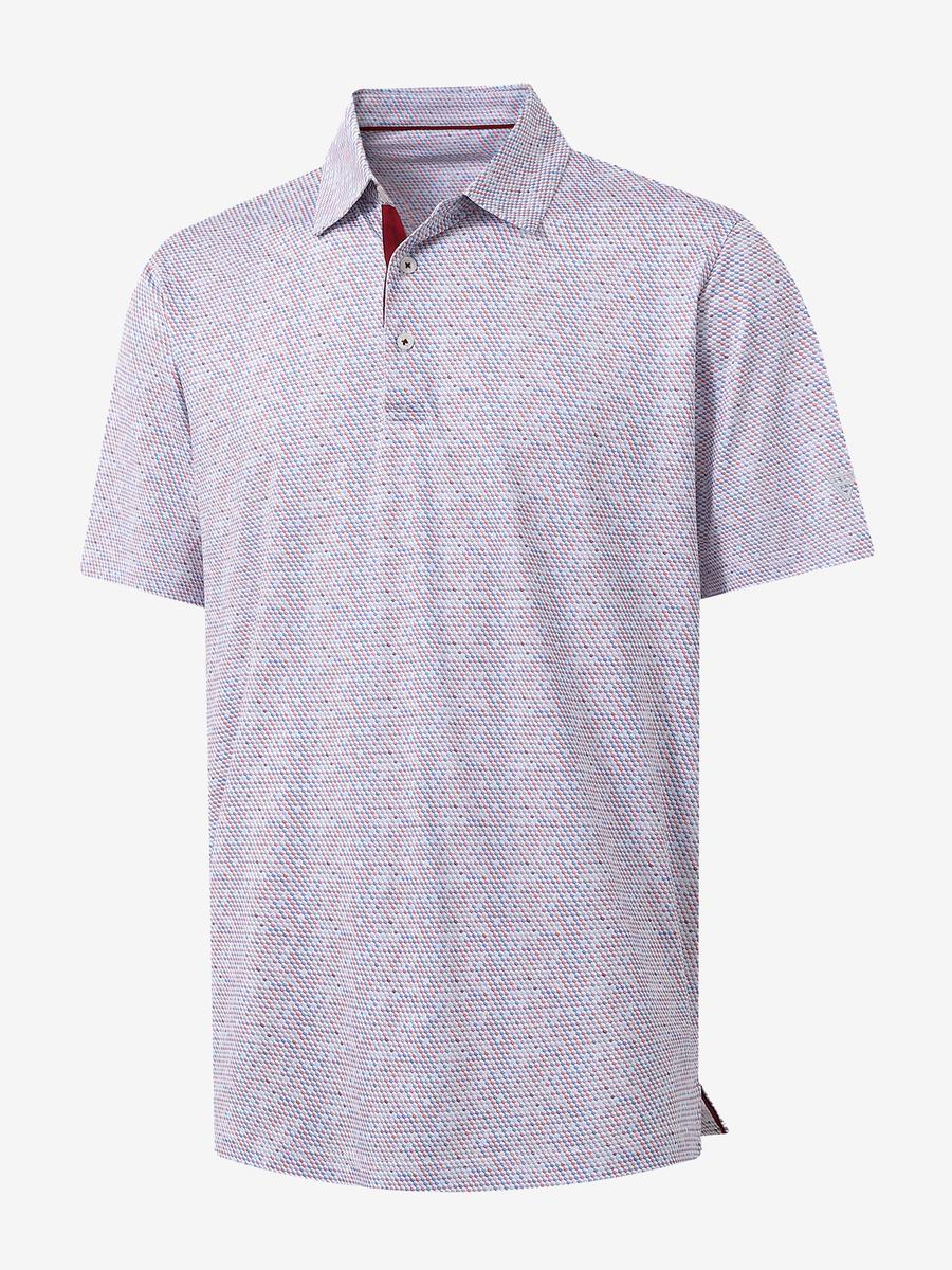3D view of MAELREG Performance Jersey Print Polo in Colourful Hexagon – breathable golf fabric