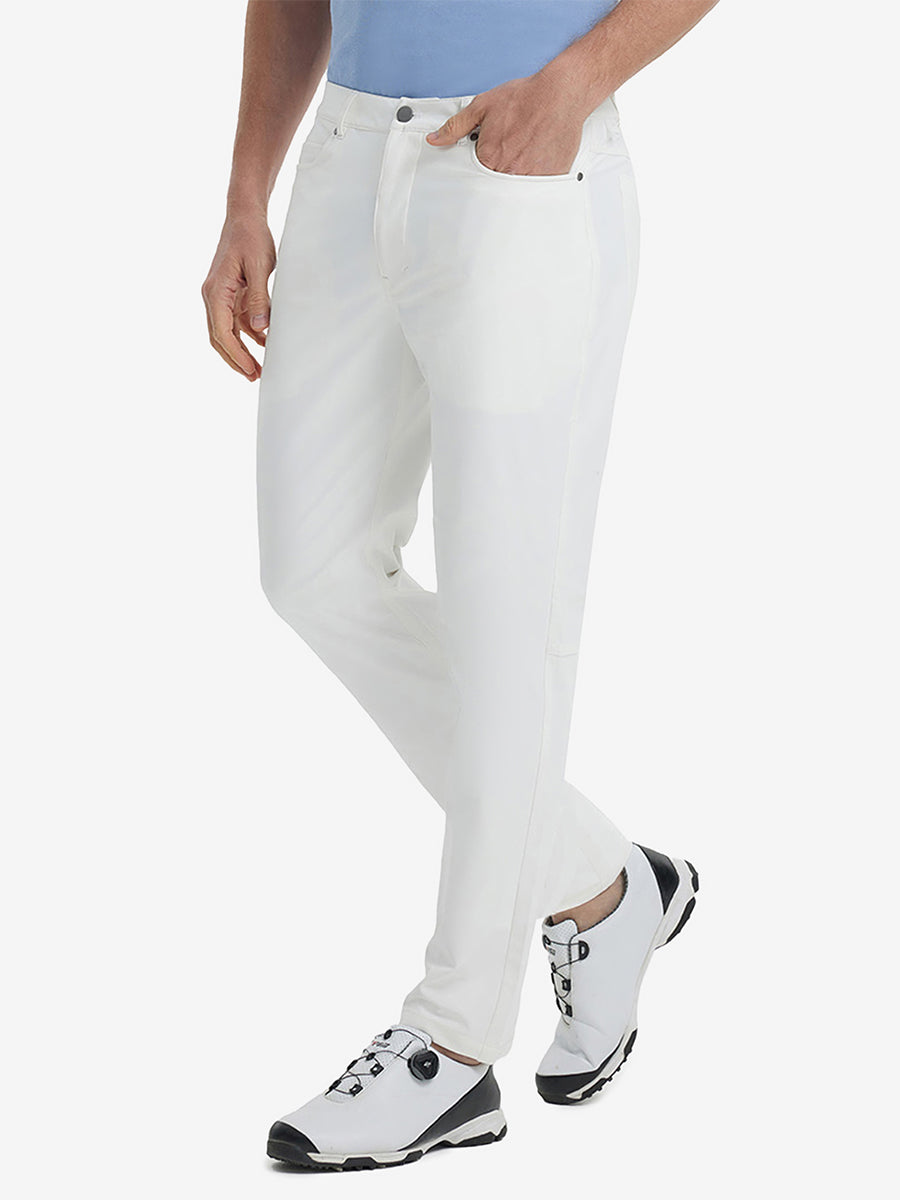 Front view of model wearing Stretch Plain Everyday Pants, athletic fit and minimal look – WHITE