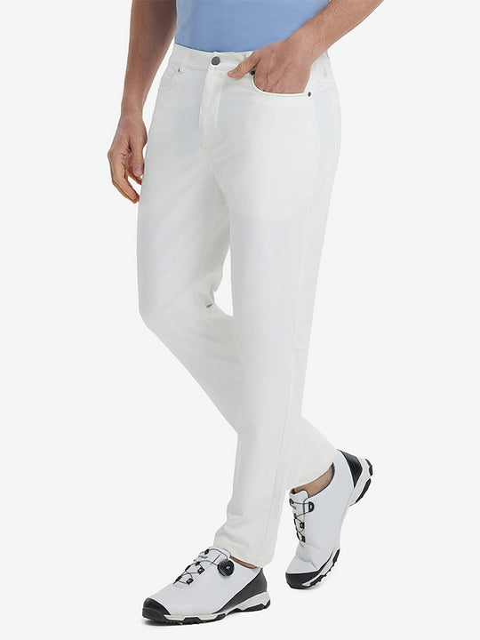 Front view of model wearing Stretch Plain Everyday Pants, athletic fit and minimal look – WHITE