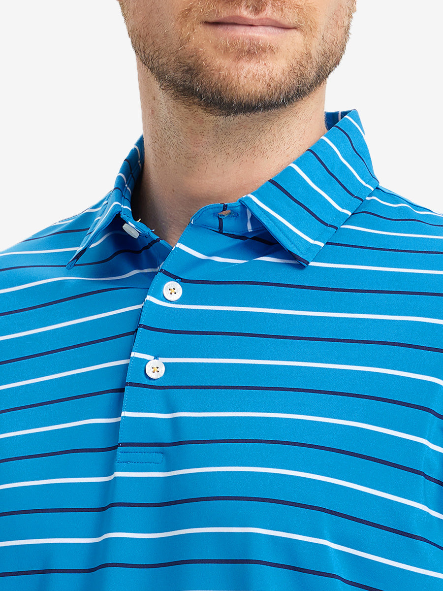 Front close-up from nose to chest of model in CLASSIC BLUE STRIPE Stylish Performance Golf Polo