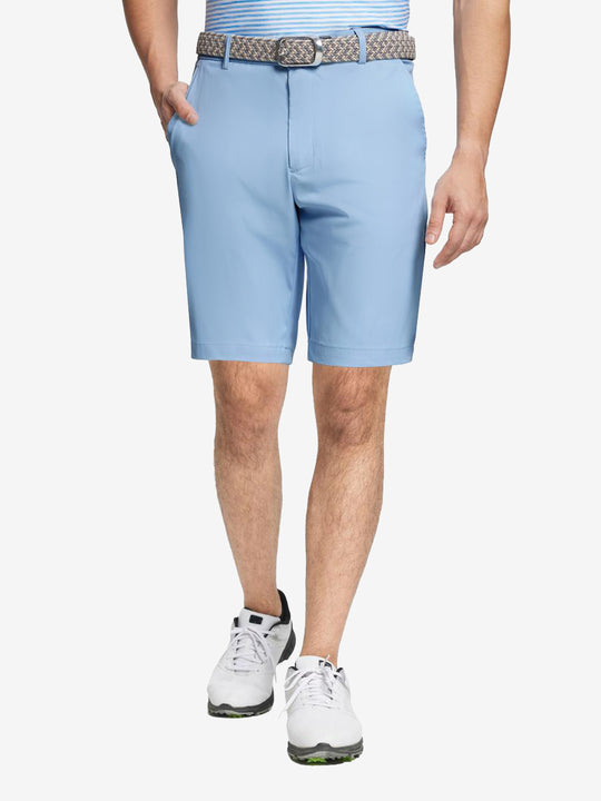 Light Blue water resistant golf shorts by MAELREG – model front-facing look
