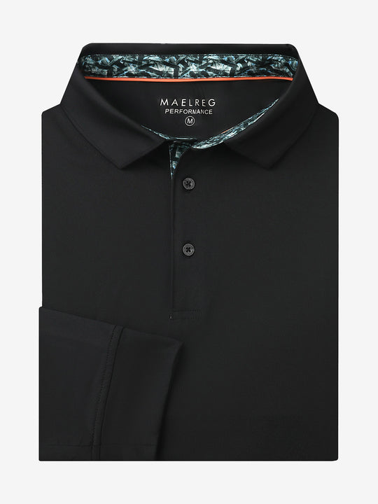 Folded view of BLACK Long Sleeve Solid Jersey Polo showing fabric texture and neat folds