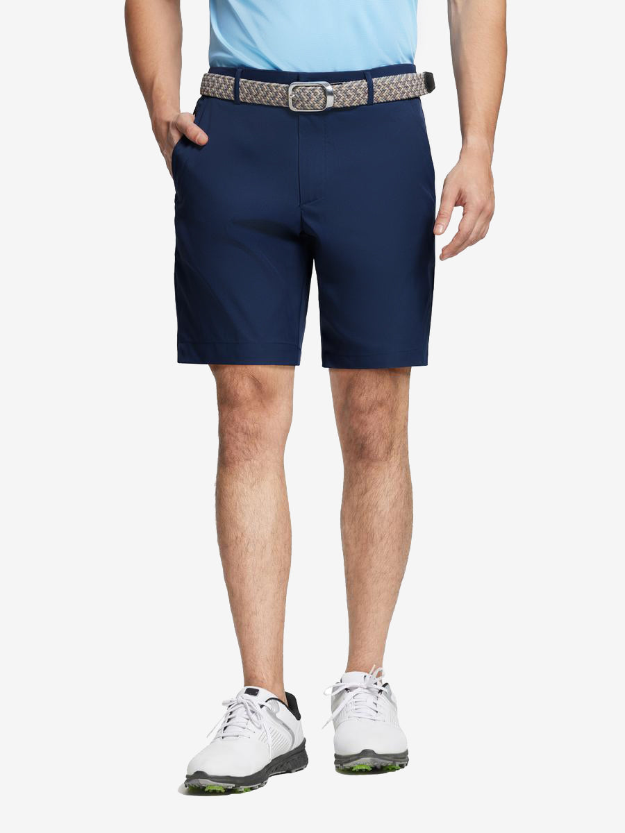 Navy water resistant golf shorts by MAELREG – model front-facing look