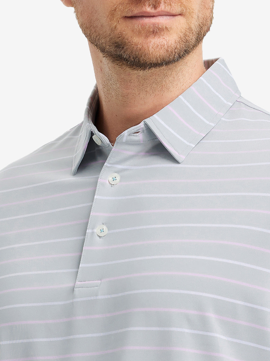 Front close-up from nose to chest of model in LIGHT GREY STRIPE Stylish Performance Golf Polo