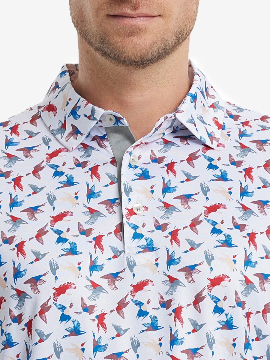 MAELREG Men's Performance Jersey Print Polo – Front chest view in Colorful Wild Goose