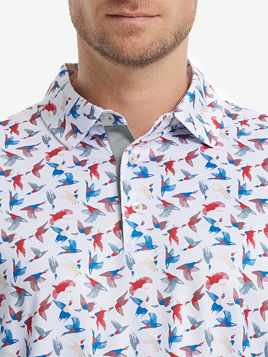 MAELREG Men's Performance Jersey Print Polo – Front chest view in Colorful Wild Goose