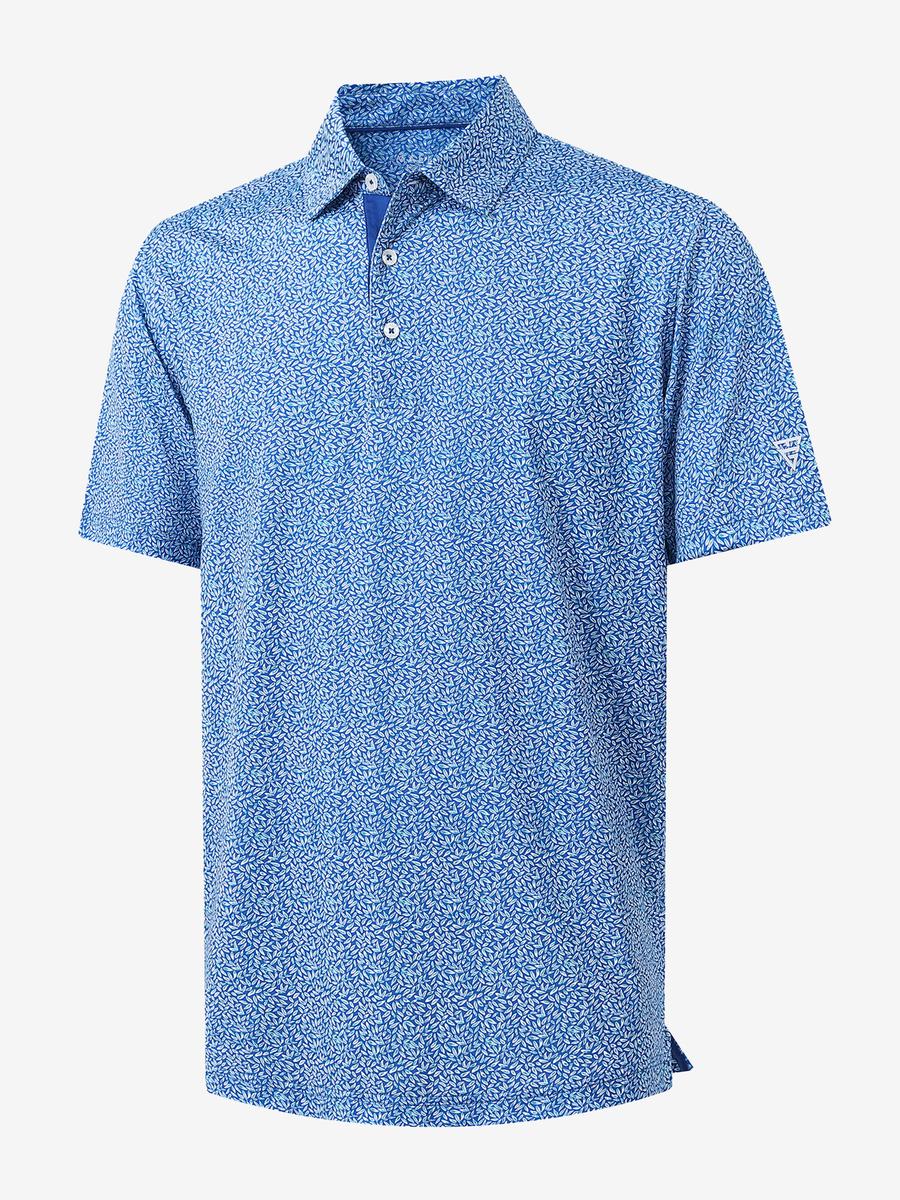 3D view of MAELREG Performance Jersey Print Polo in Blue Small Leaf – breathable golf fabric