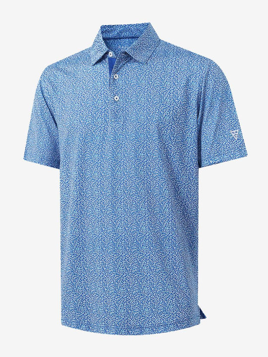 3D view of MAELREG Performance Jersey Print Polo in Blue Small Leaf – breathable golf fabric