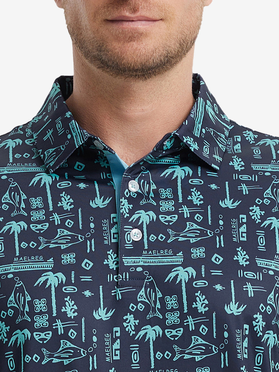 MAELREG Men's Performance Jersey Print Polo – Front chest view in Navy Ocean Beach