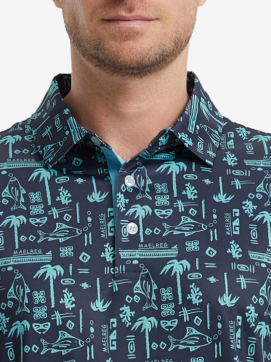 MAELREG Men's Performance Jersey Print Polo – Front chest view in Navy Ocean Beach