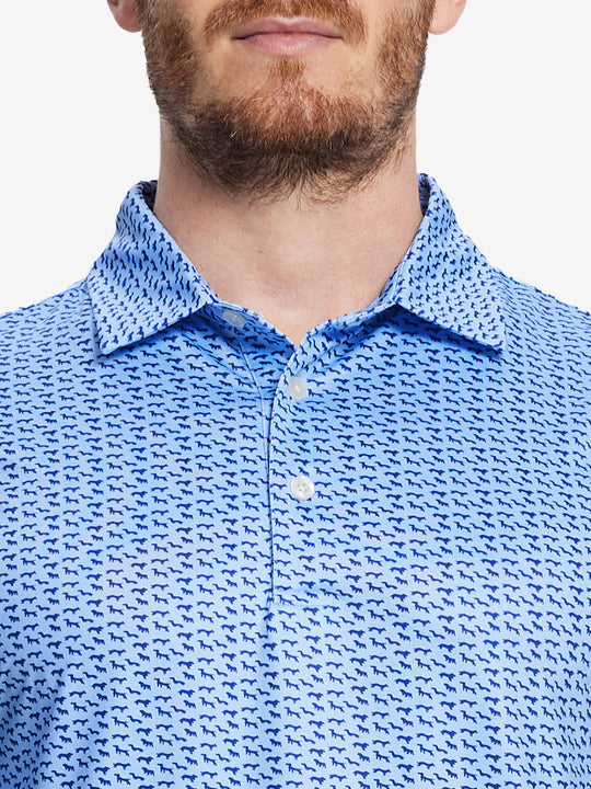 MAELREG Men's Performance Jersey Print Polo – Front chest view in Bluejay Navy Dogs