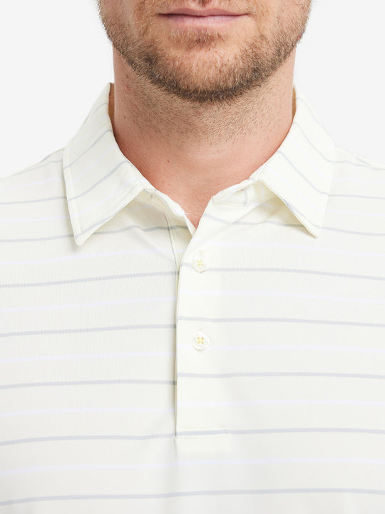 Front close-up from nose to chest of model in BEIGE STRIPE Stylish Performance Golf Polo