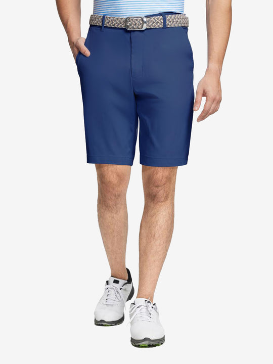Cobalt water resistant golf shorts by MAELREG – model front-facing look