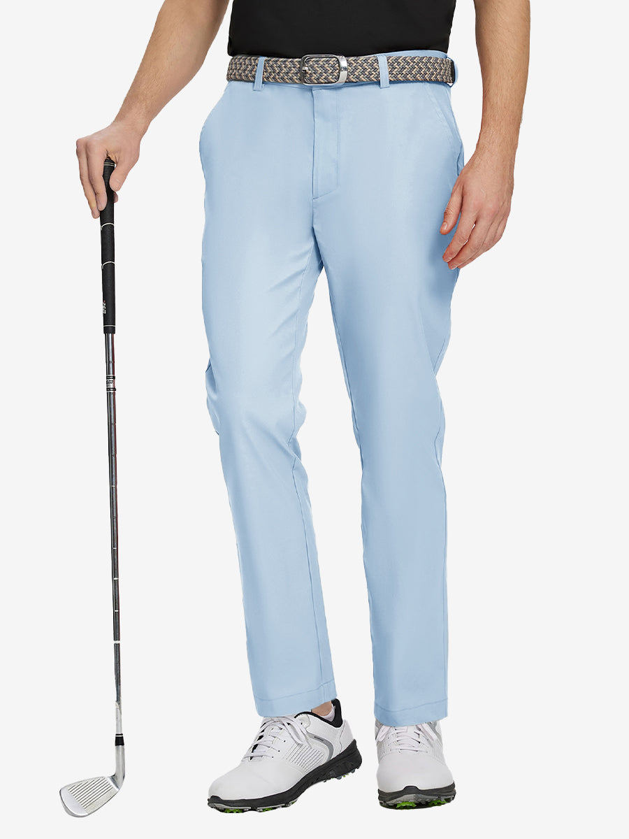 LIGHT BLUE Water Resistant Everyday Pants front view, model's lower body holding a golf club