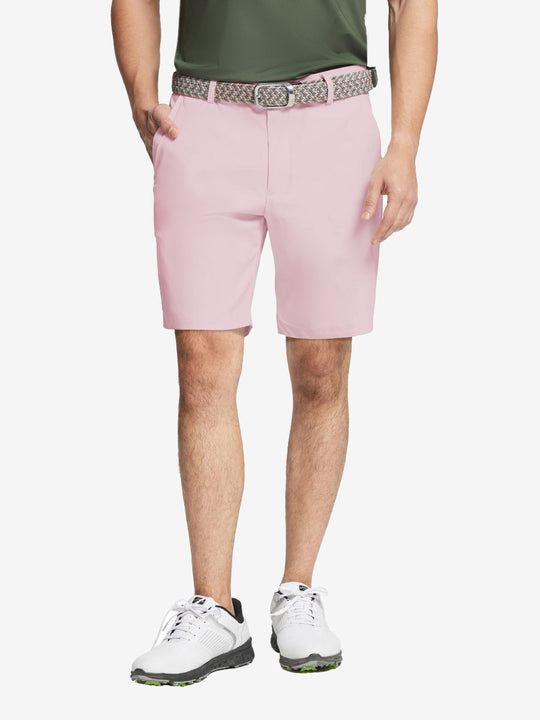 Pink water resistant golf shorts by MAELREG – model front-facing look