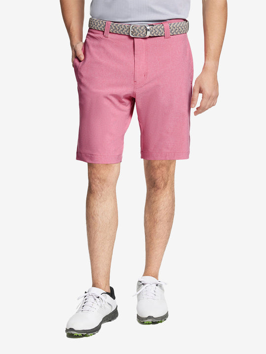 PINK 9 Inch Heather Performance Golf Shorts with front view, model's lower body and side pockets visible