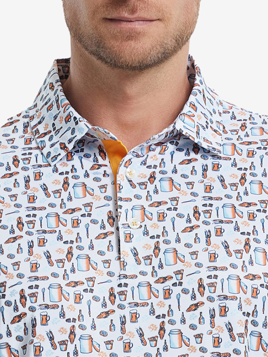 MAELREG Men's Performance Jersey Print Polo – Front chest view in White Orange Picnic