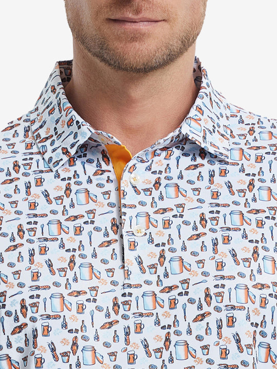 MAELREG Men's Performance Jersey Print Polo – Front chest view in White Orange Picnic